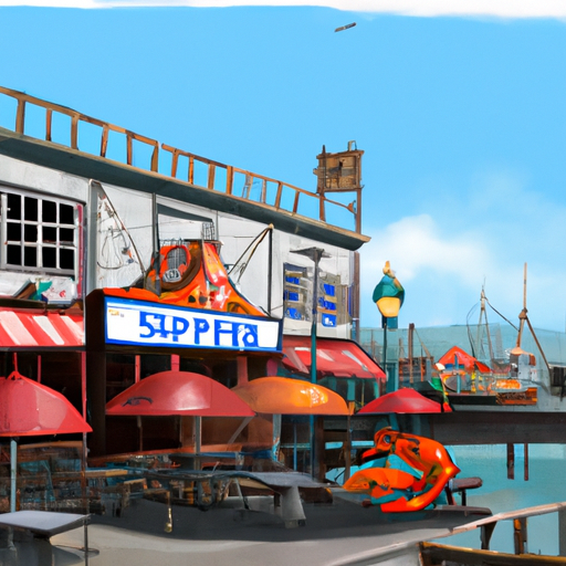 סצנה תוססת ב- Fisherman's Wharf, הכוללת מסעדות פירות ים ואמני רחוב