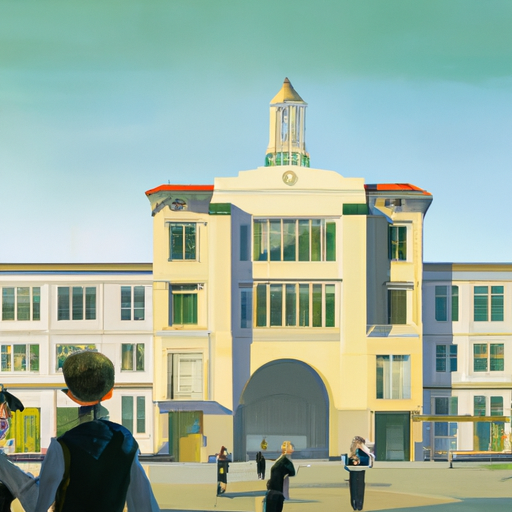 בית ספר נחשב בסן פרנסיסקו עם תלמידים שהולכים בקמפוס
